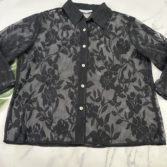 Fashion Bug Womens Vintage Y2k Lace Top Size L Black Sheer Floral Button Up - Picture 5 of 11